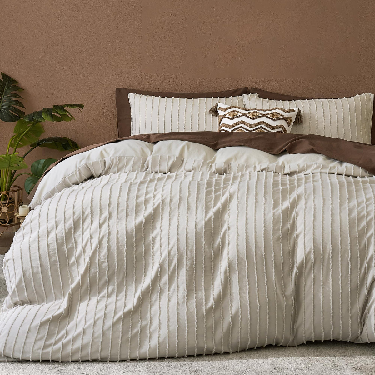 JELLYMONI White Striped Tufted Duvet Cover Set Queen Size