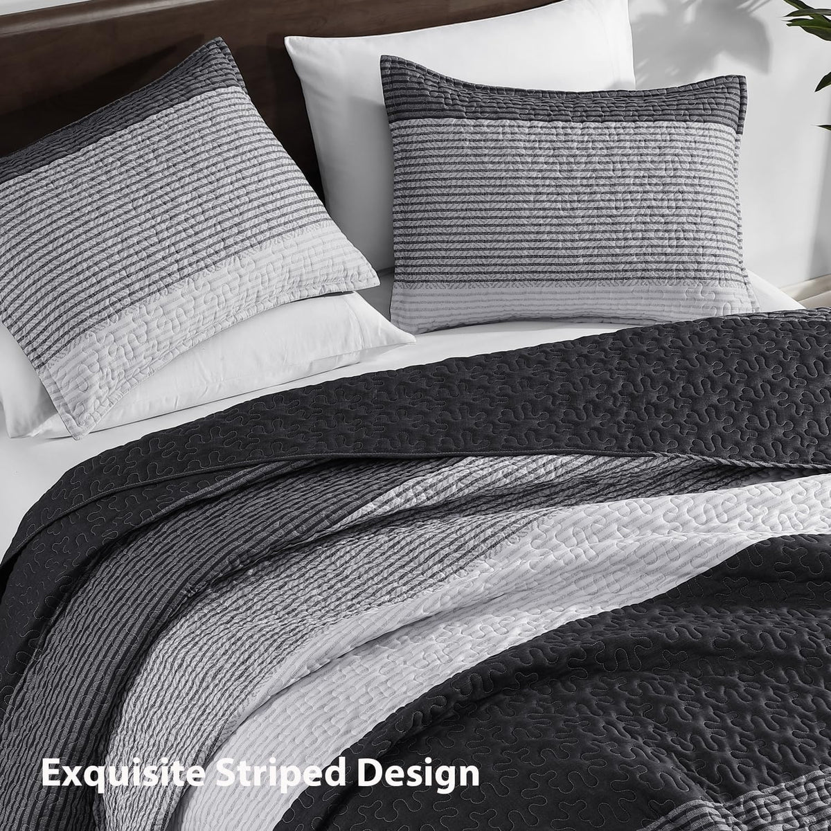 Litanika Queen Size Quilt, 3 Pcs Black and White Stripe Bedding Set