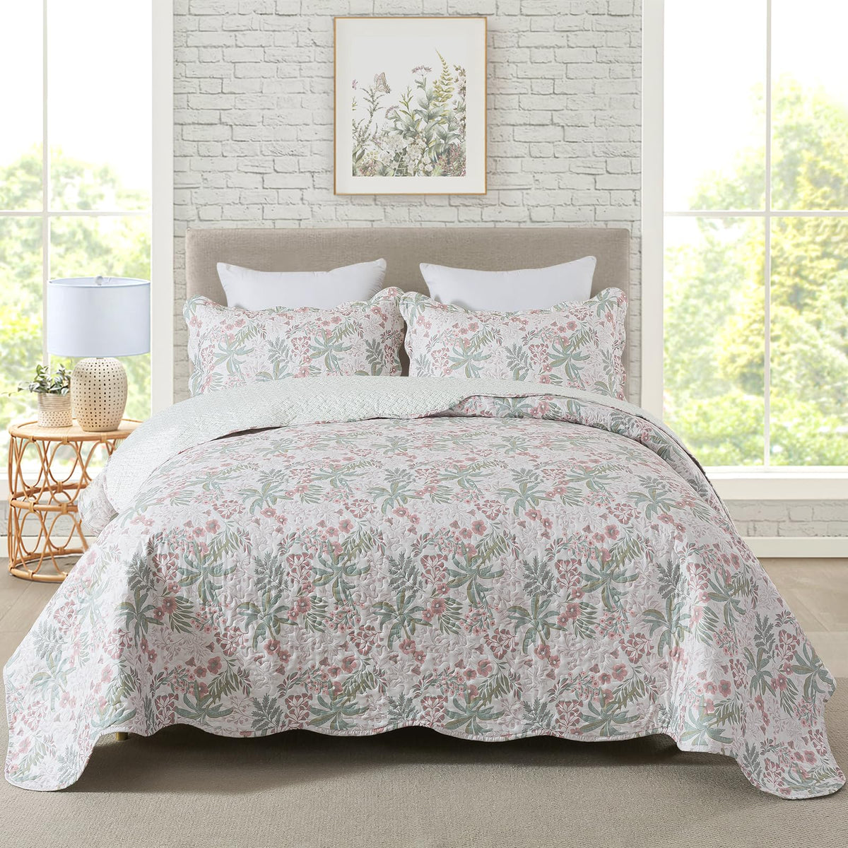 Travan 3-Piece Quilt Set Quilted Bedspread Lightweight Coverlet Set Garden Style Floral Printed Oversized Quilted Bedding Set with Shams for All Season, Exquisite, King Size