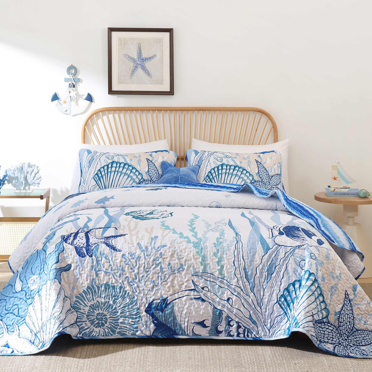 DJY Ocean Coastal Quilt Queen Size, 3 Pcs Sea Turtle Theme Bedspread Set