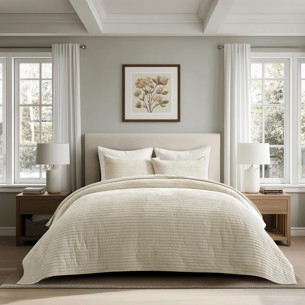 EverGrace Stripe Channel Luxury Velvet Quilt Set King Size, Mocha Brown