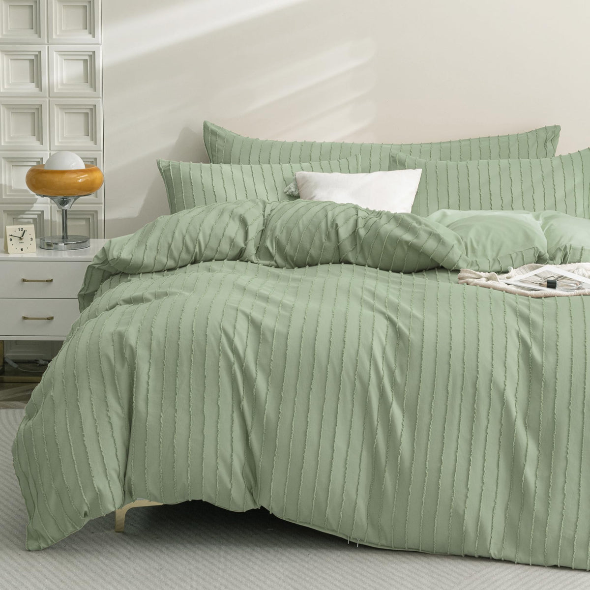 JELLYMONI White Striped Tufted Duvet Cover Set Queen Size