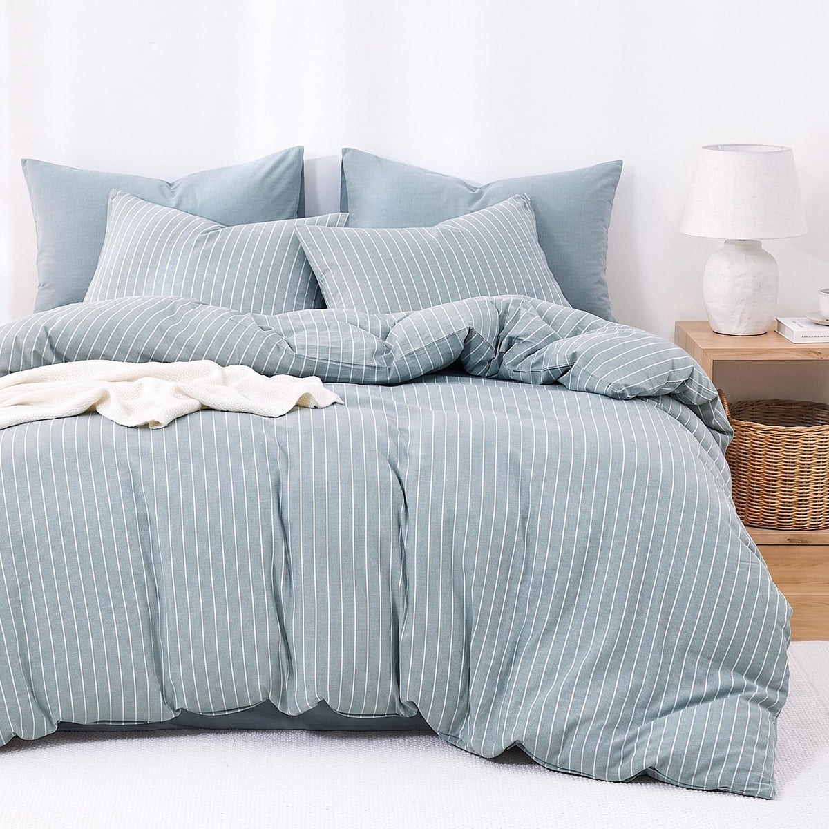 Wake In Cloud Striped Cotton Duvet Cover Set, White, Queen