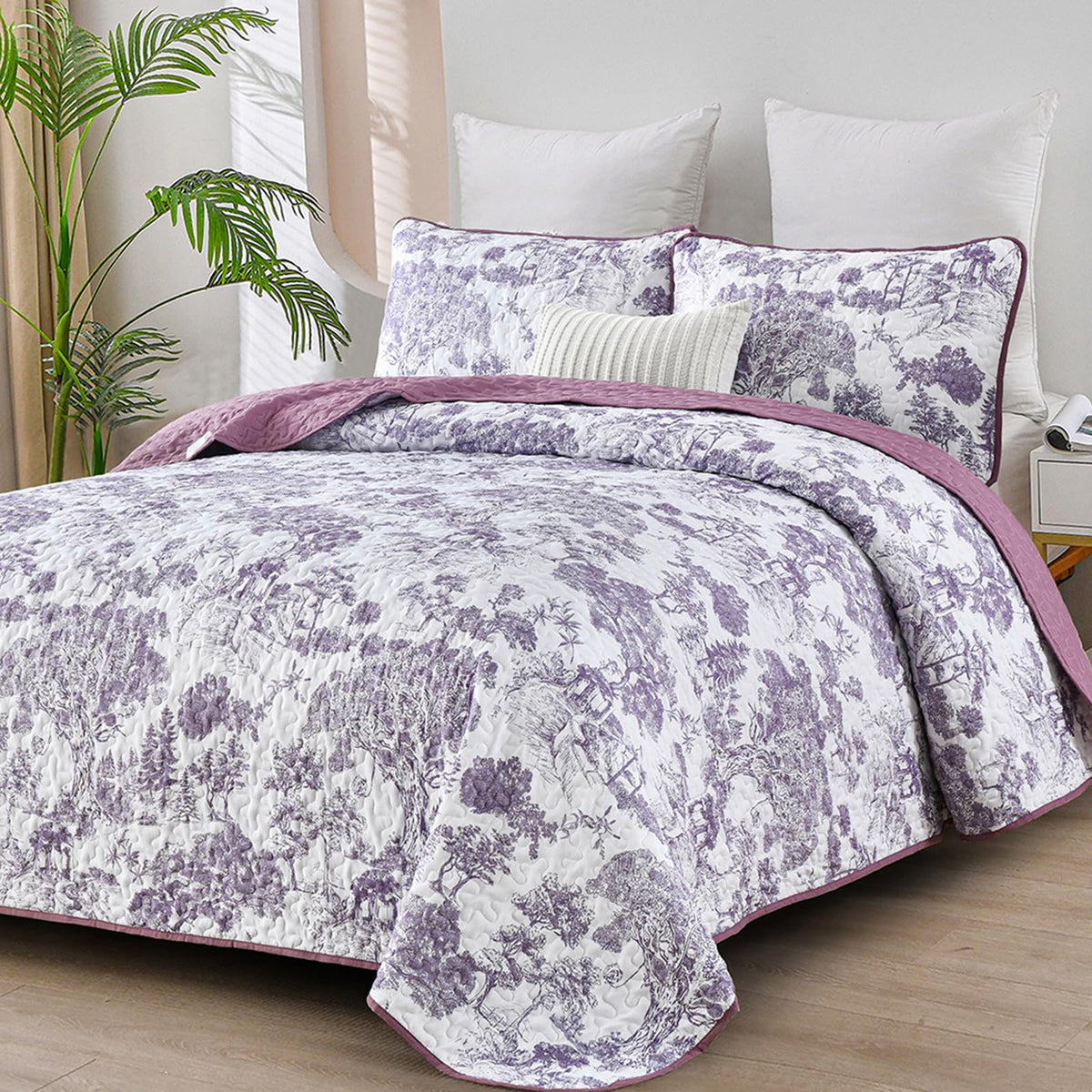 WONGS BEDDING Sage Green Quilt Set King Size, Botanical Floral Bedspread
