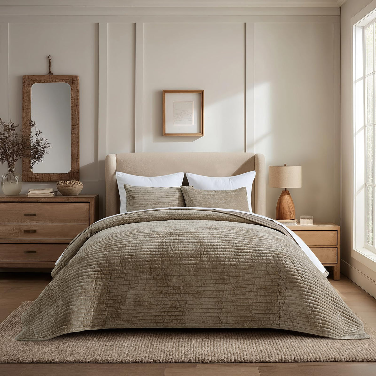 EverGrace Stripe Channel Luxury Velvet Quilt Set King Size, Mocha Brown