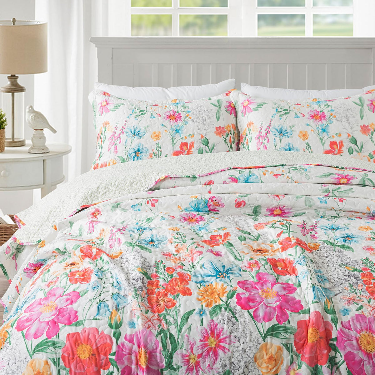 Travan 3-Piece Quilt Set Quilted Bedspread Lightweight Coverlet Set Garden Style Floral Printed Oversized Quilted Bedding Set with Shams for All Season, Exquisite, King Size