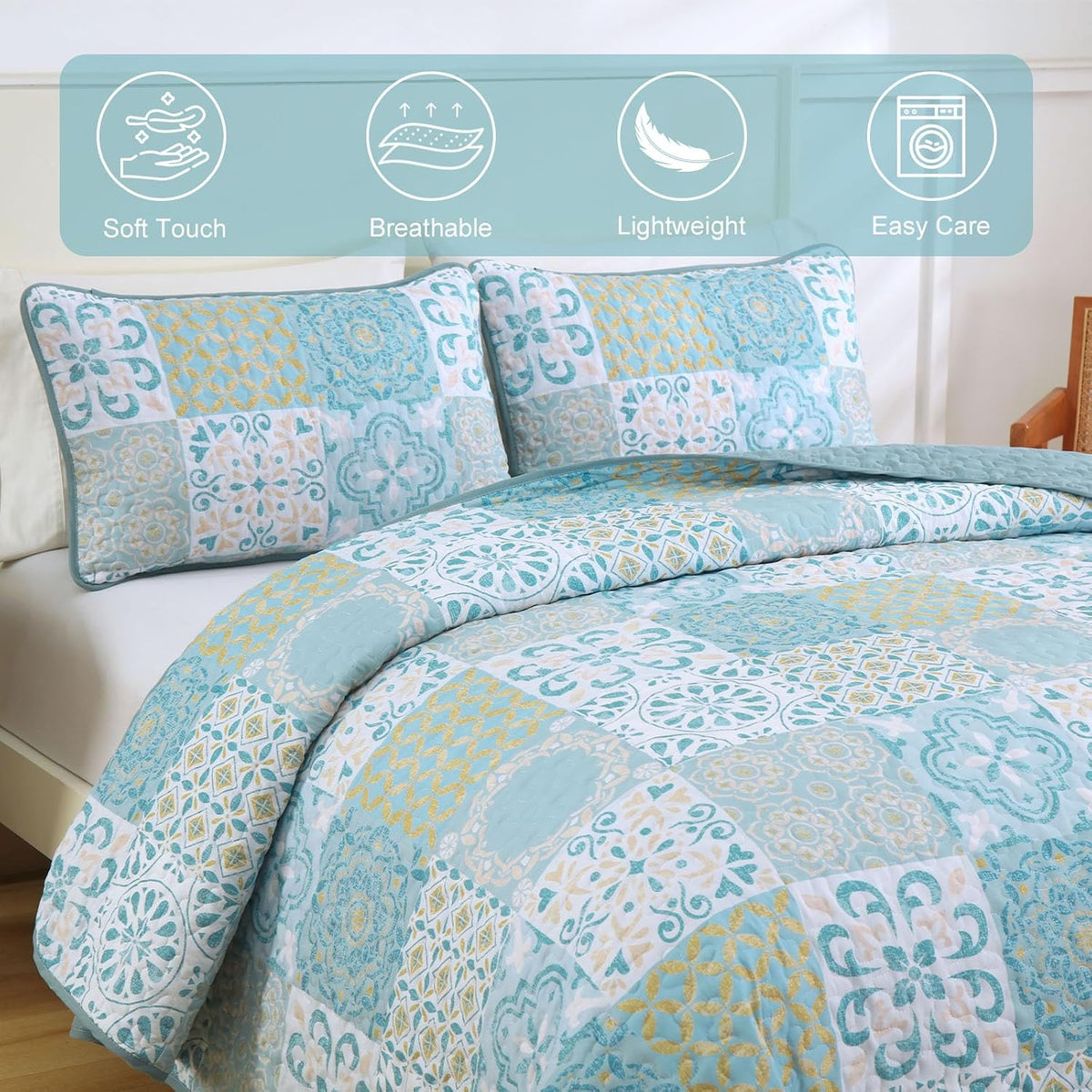 Dobuyly Queen Quilt Set Aqua Blue Patchwork Bedspread 3 Piece
