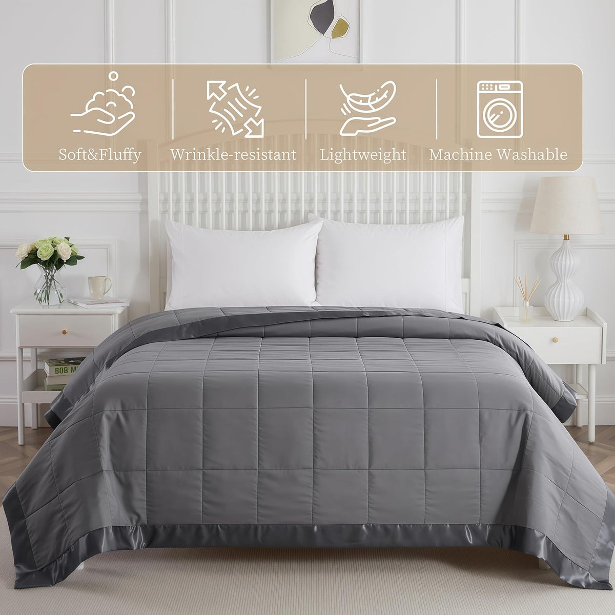 COMFLIVE King Down Alternative Blanket - Lightweight Satin Trim, Charcoal