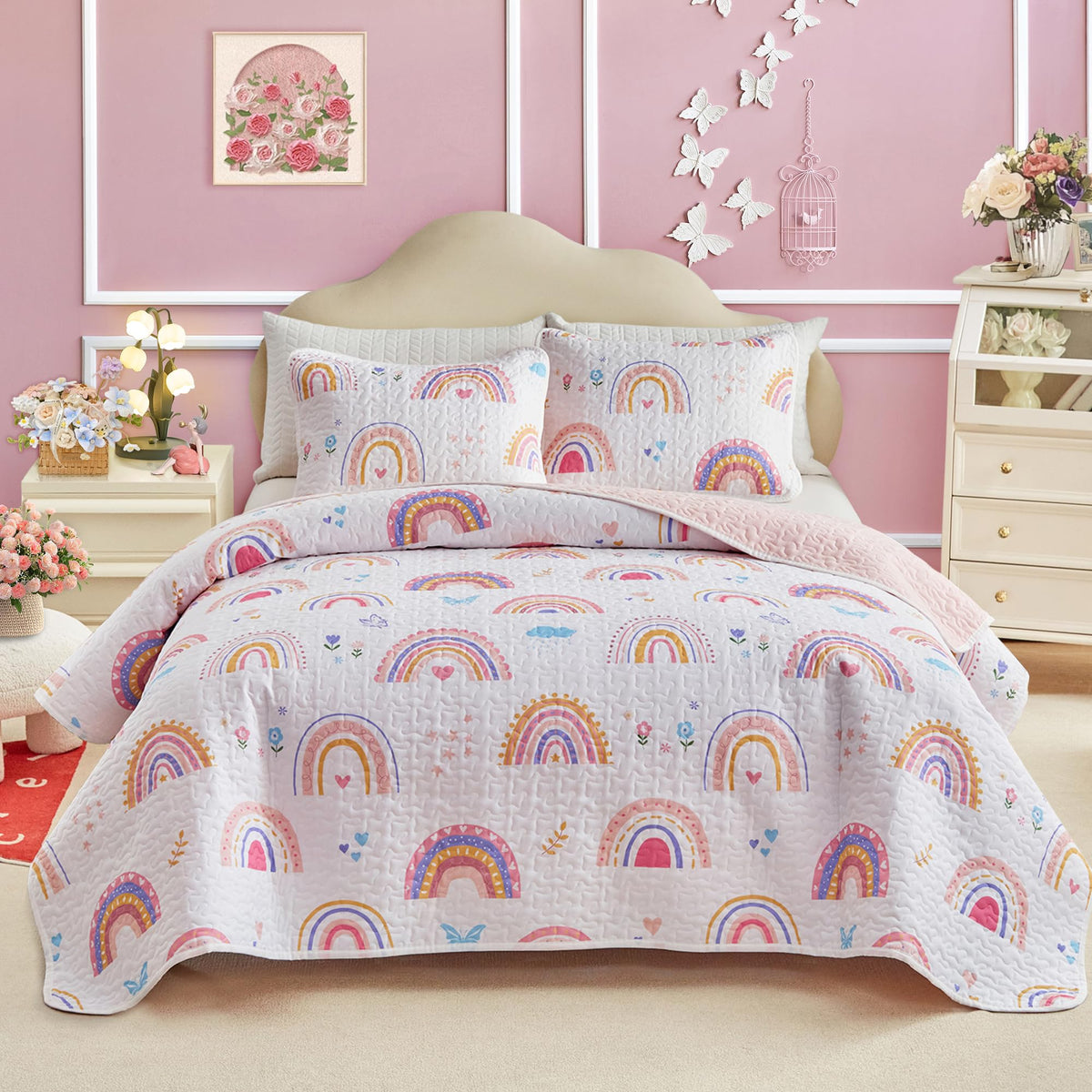 Joyreap Twin Size Quilt Set for Girls, Pink n Blue Floral Patchwork Design, 2 Pieces Soft n Cozy Microfiber Quilt, Bedspread Bed Cover for All Season- 68x88 inches