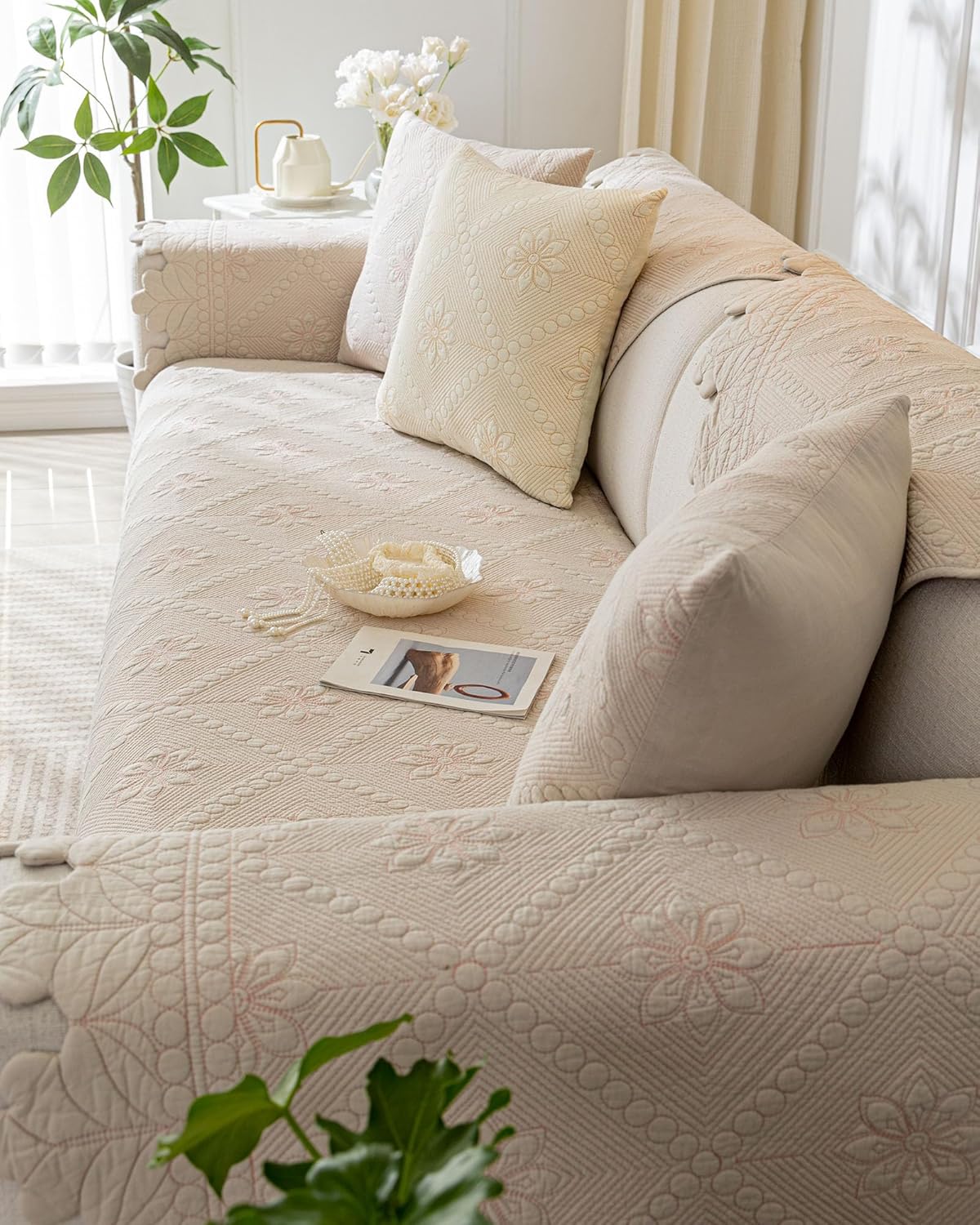Quilted Couch Covers for Sofa Farmhouse Sofa Covers(Khaki,28"x70")