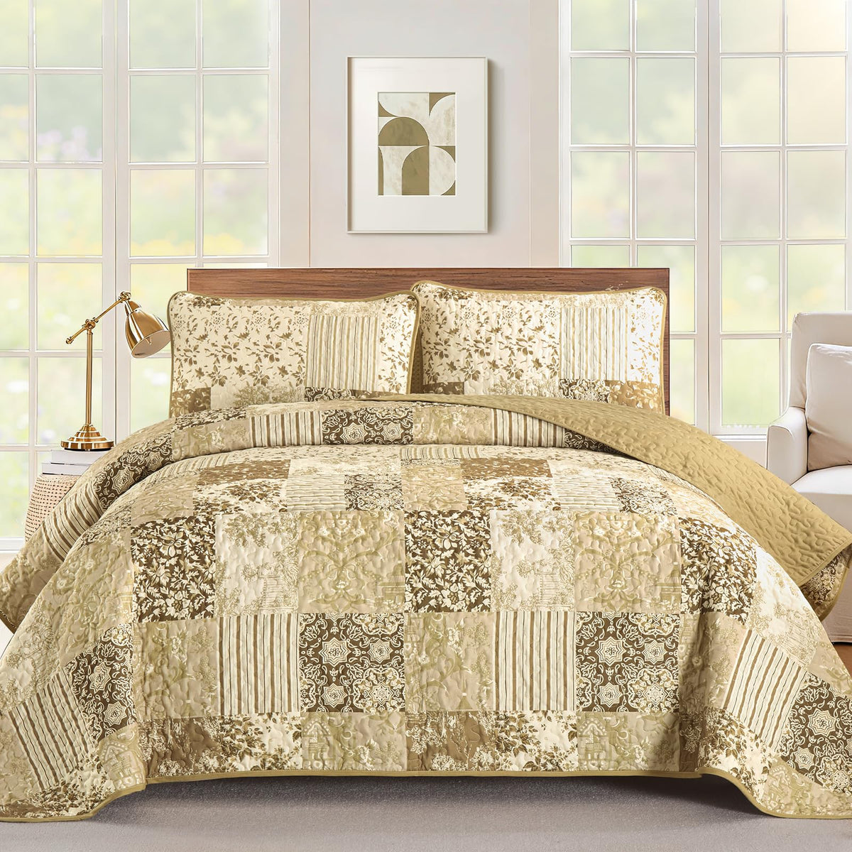 Drucon Green Patchwork Queen Quilt Set, Spring Summer Bedspreads Bedding Set, 3 Pieces Lightweight Soft Plaid Coverlet with 2 Pillow Shams for All Season 96x90 Inch