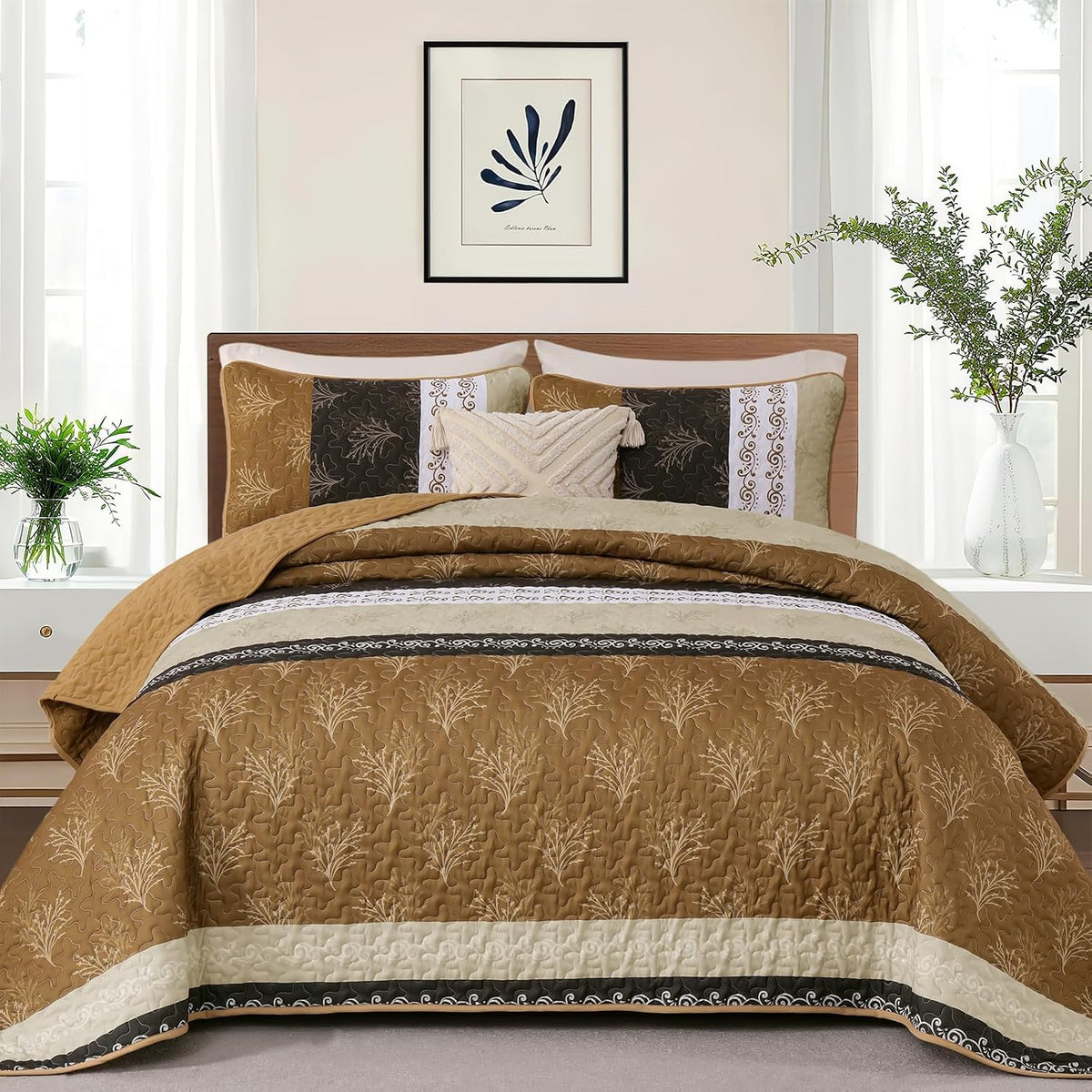 DJY Queen Quilt Set, Lightweight Striped Bedspread Bedding Set, Dark Brown