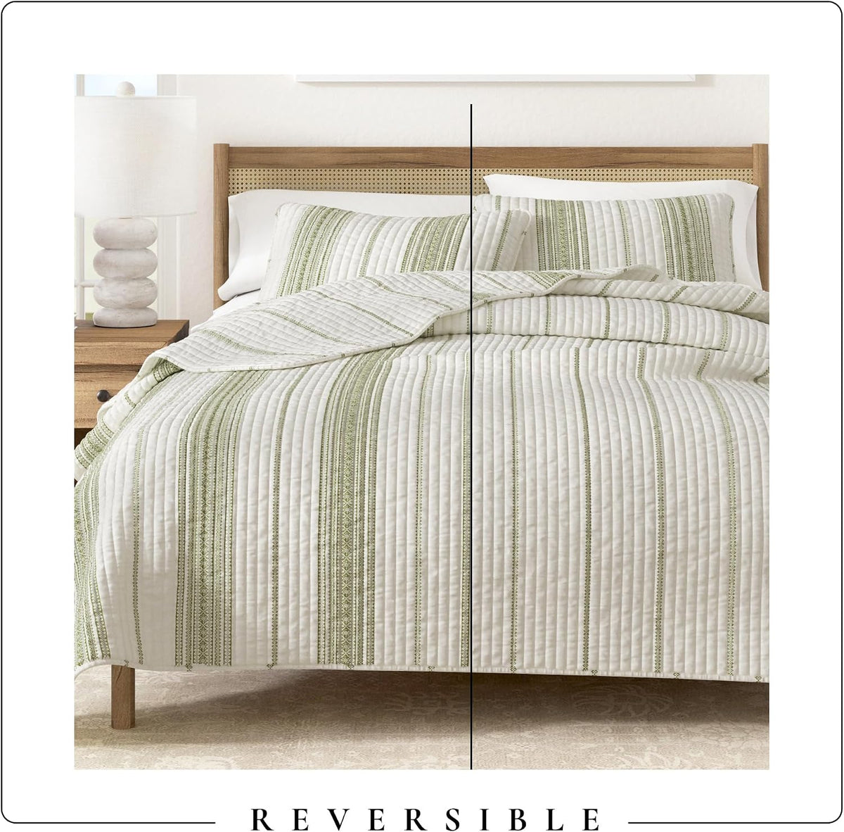 Great Bay Home Striped Printed Quilt Set - 2-Piece Twin/Twin XL Size Farmhouse Bedding Set - Lightweight, All-Season, Reversible Bedspread (Cream/Olive Green)