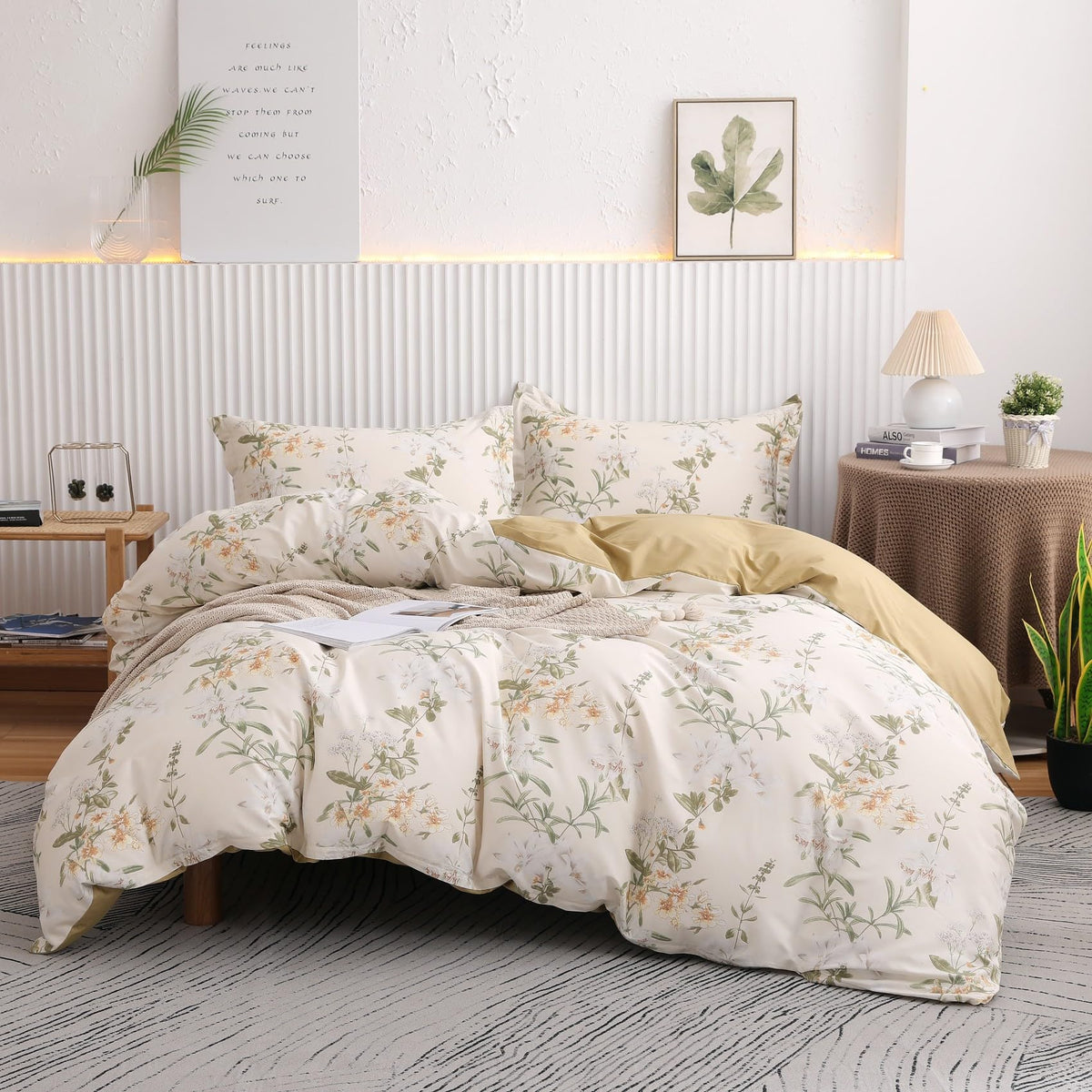 OAITE Queen Duvet Cover Set 3pcs 100% Cotton Wildflower Botanical