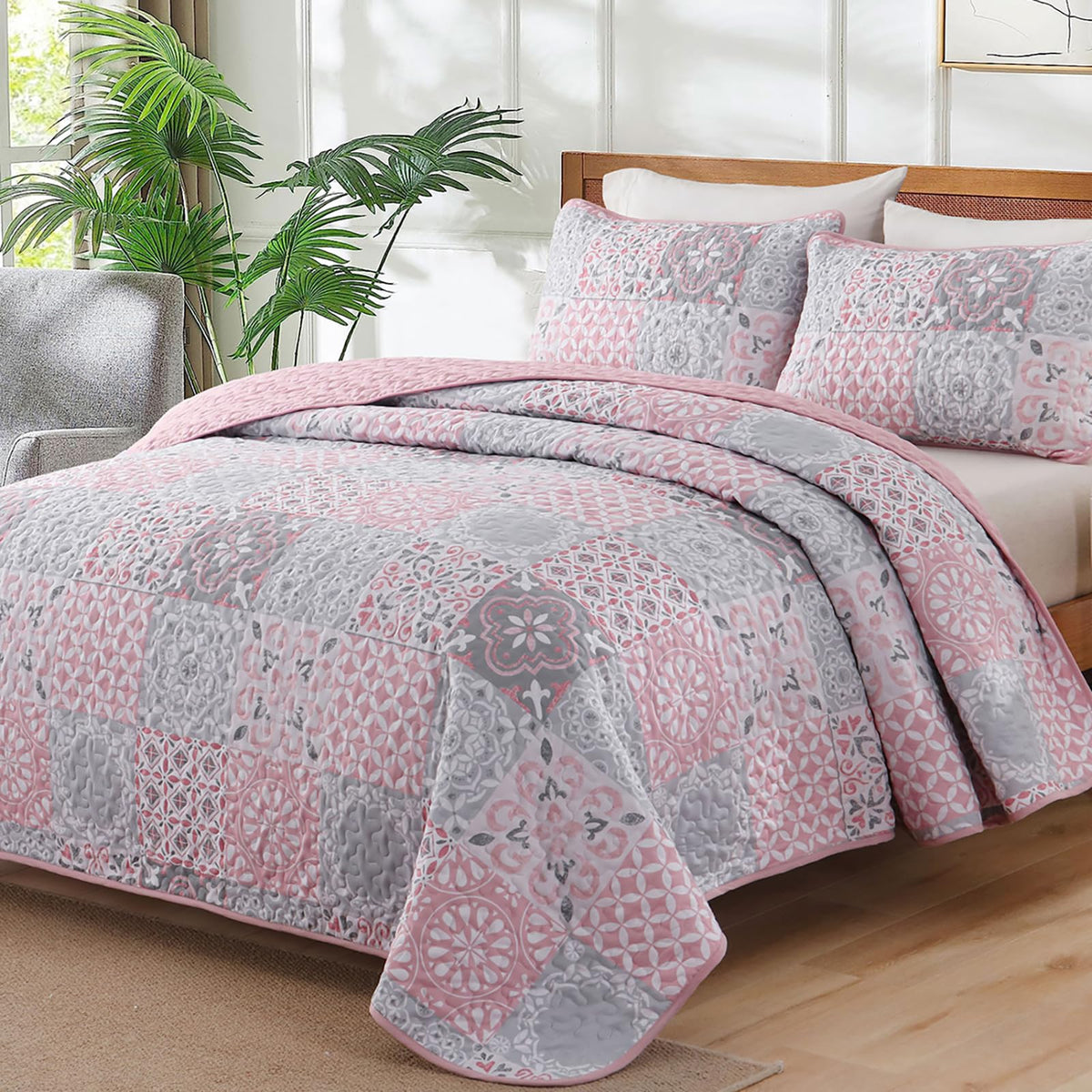 Dobuyly Queen Quilt Set Aqua Blue Patchwork Bedspread 3 Piece