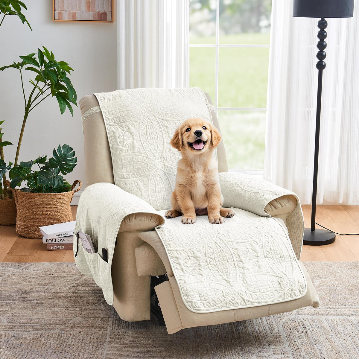Soft Quilted Couch Cover with Pockets for Extra-Large Sofa, Anti-Slip Sofa Covers Washable for 3 Cushion Pet Friendly Medallion Oversized Sofa Cover Water-Repellent (X-Large Sofa 78", Ivory White)