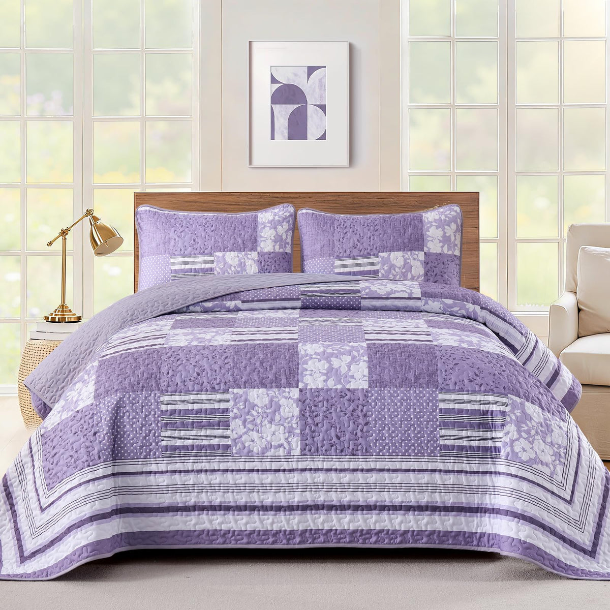 Drucon Green Patchwork Queen Quilt Set, Spring Summer Bedspreads Bedding Set, 3 Pieces Lightweight Soft Plaid Coverlet with 2 Pillow Shams for All Season 96x90 Inch