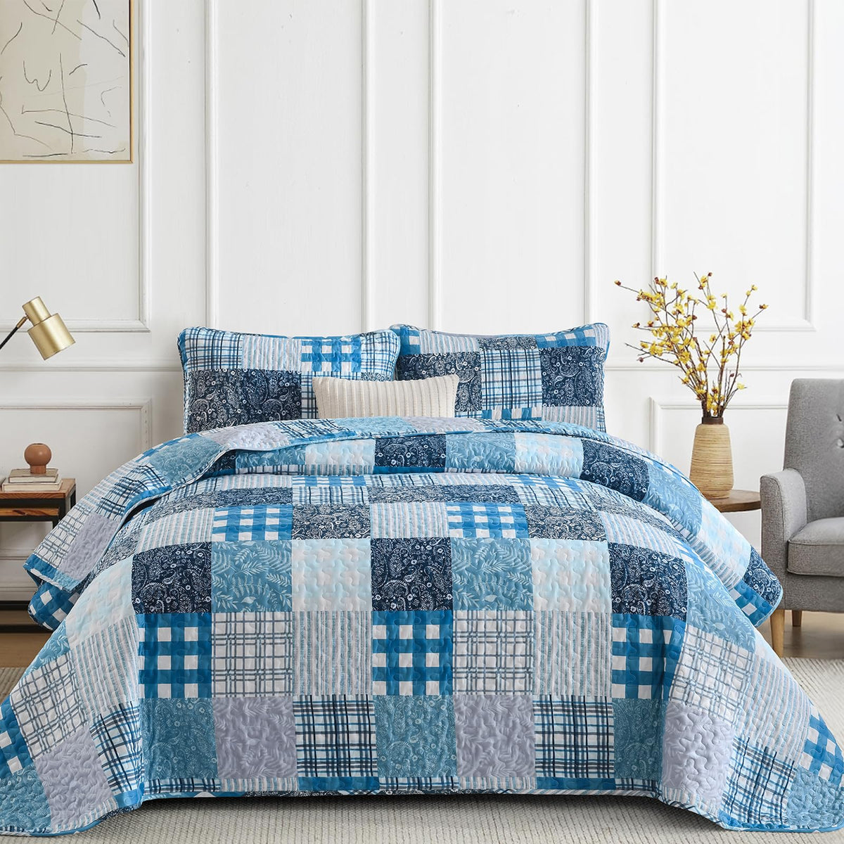Xruibed Patchwork Quilt Set King Size, 3 Pcs Green Plaid Bedspread Set