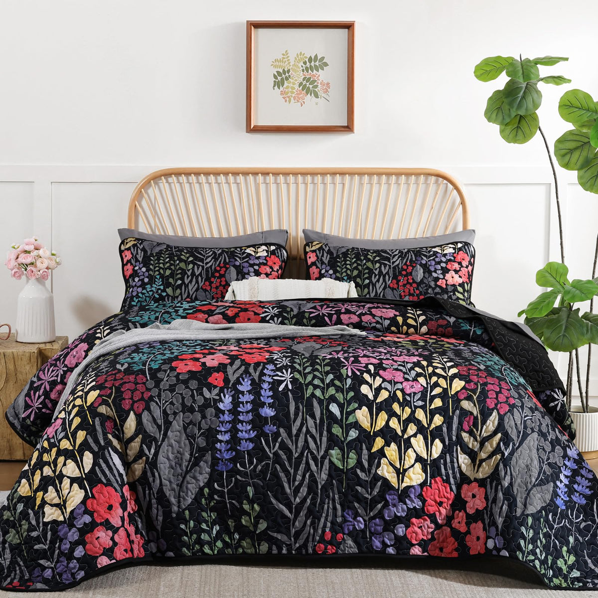 Xruibed Floral Quilt Sets King Size, 3 Pcs Soft Black Bedspread Bedding Set