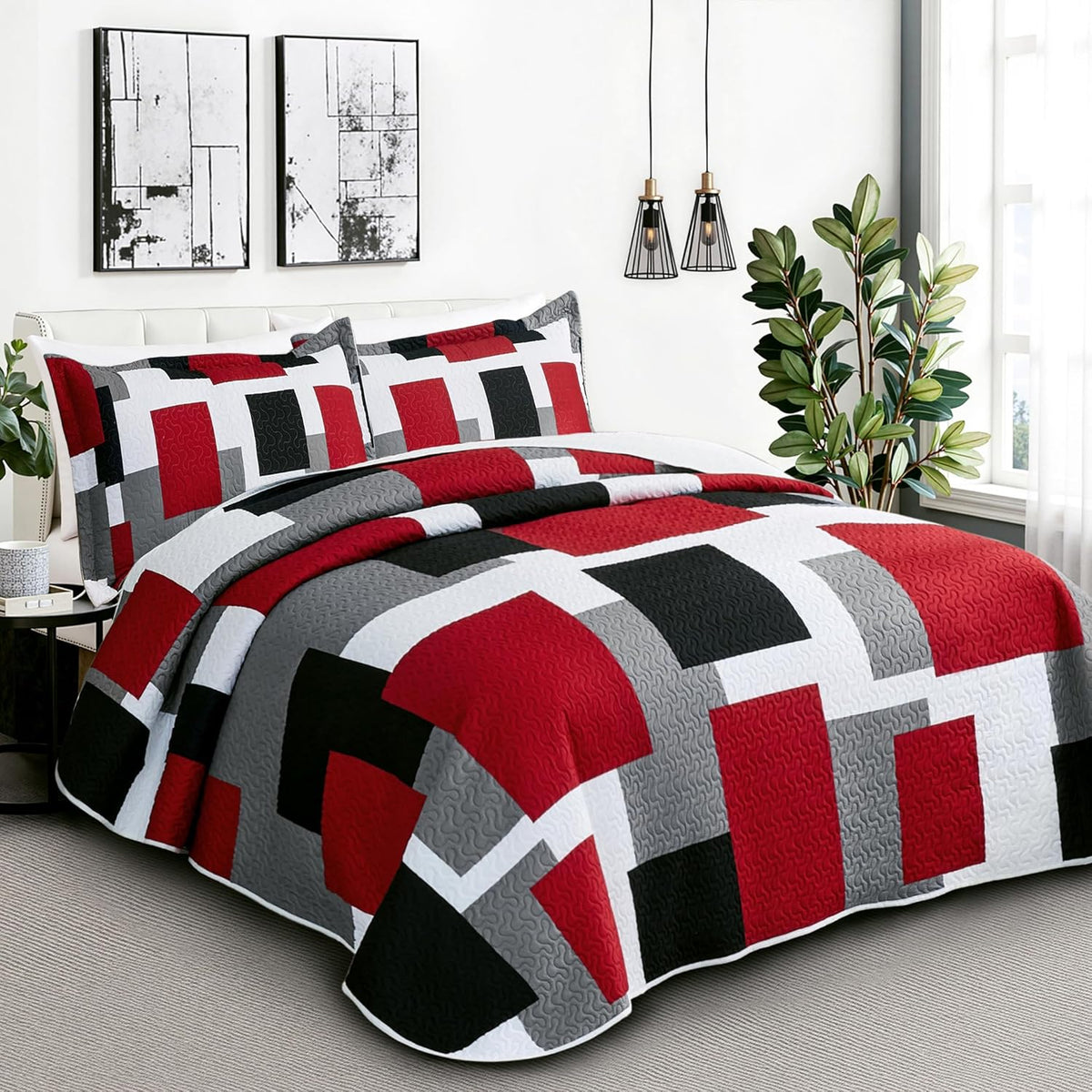 Tyrot 3 Piece Red Black Grey Quilts King Size Red White Gray Bedding Set