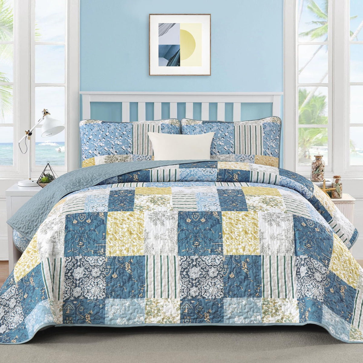 Drucon Green Patchwork Queen Quilt Set, Spring Summer Bedspreads Bedding Set, 3 Pieces Lightweight Soft Plaid Coverlet with 2 Pillow Shams for All Season 96x90 Inch