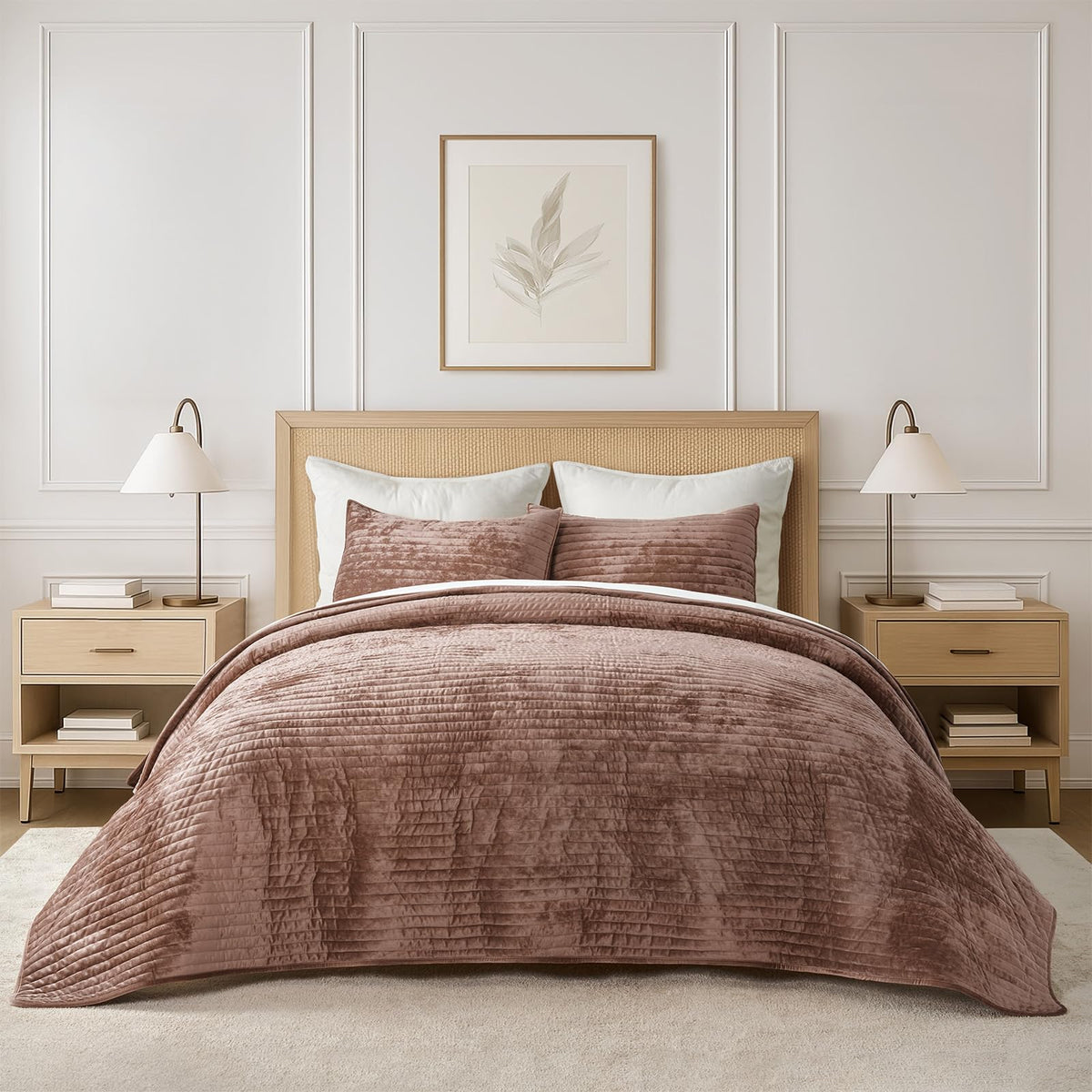 EverGrace Stripe Channel Luxury Velvet Quilt Set King Size, Mocha Brown