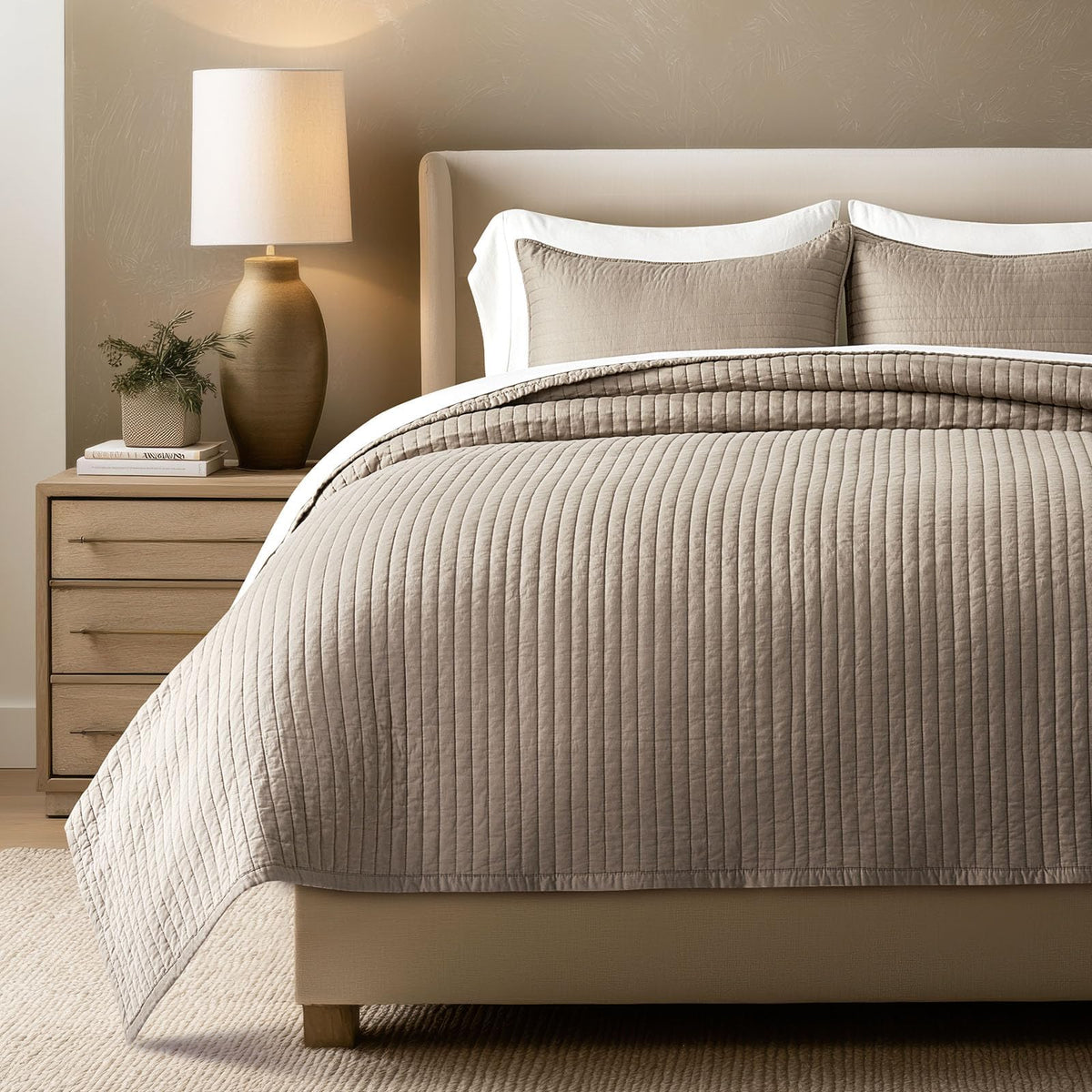 EVERGRACEHOME Cotton Sateen Quilt Set, King Size, Olive Green
