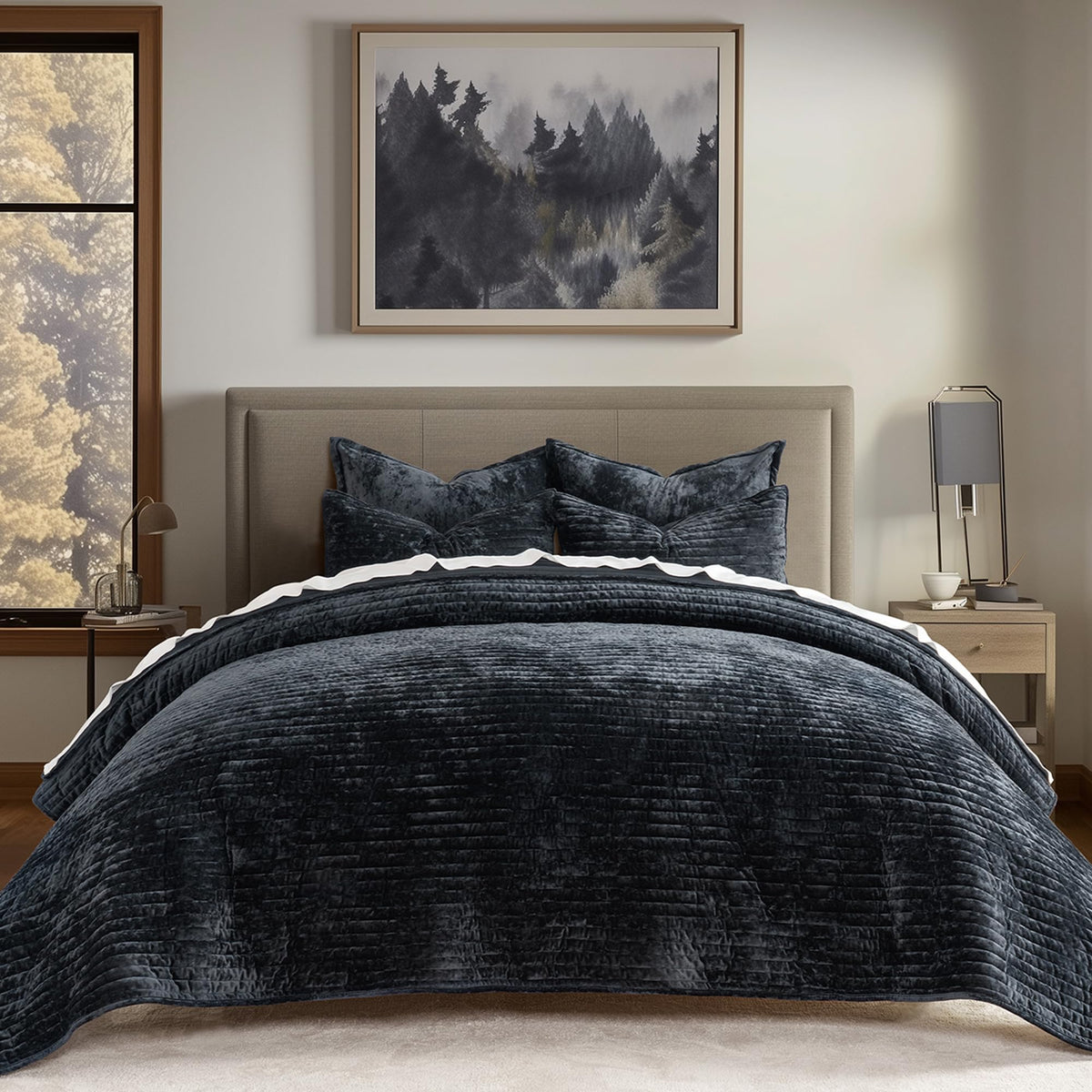 EverGrace Stripe Channel Luxury Velvet Quilt Set King Size, Mocha Brown