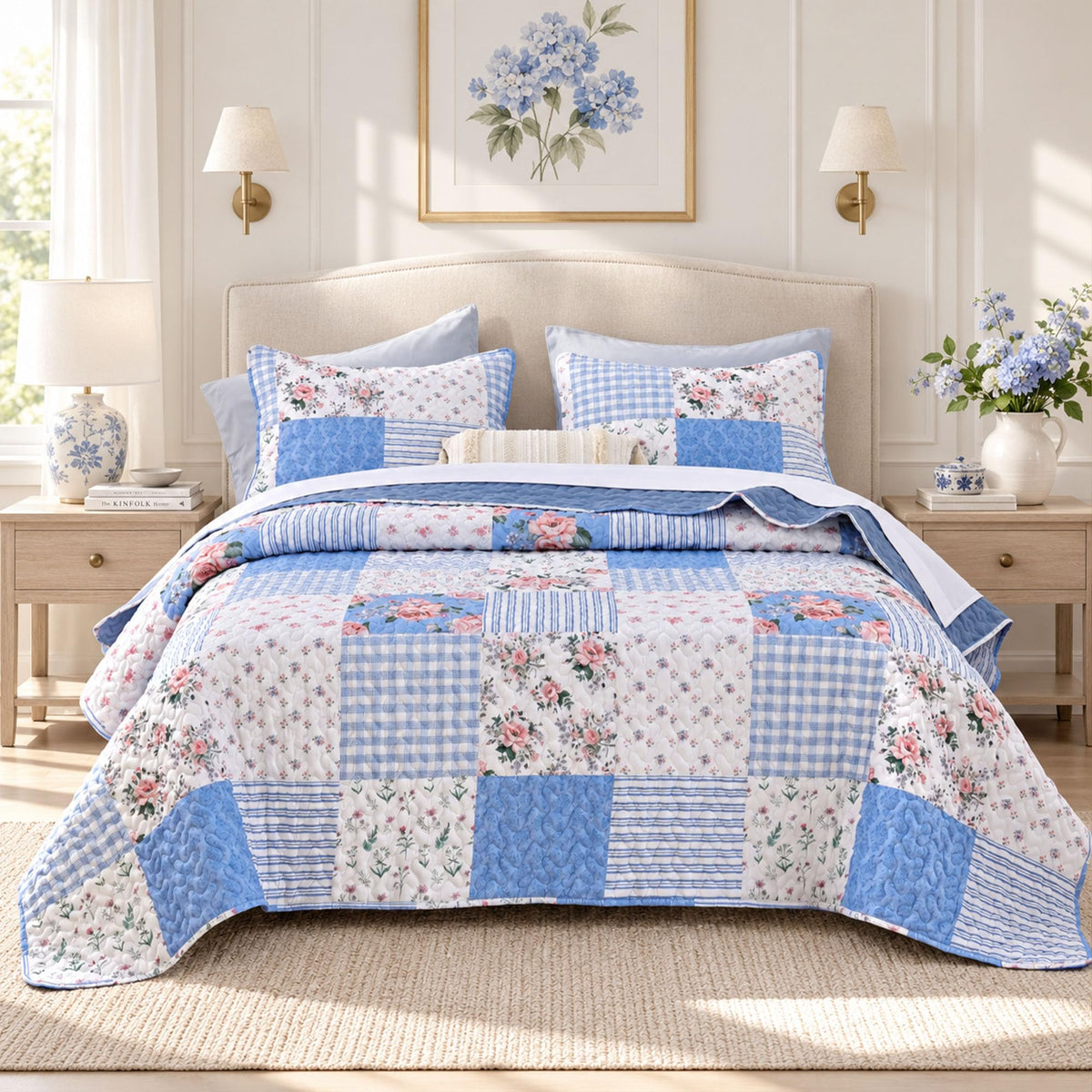 YIKUSH Floral Quilt Set Queen Size – Ultra Soft Lightweight Bedspread, 3 Piece Pink Bedding Set (90"x90") with Pillowcases (20"x26"), All Season Coverlet for Bedroom & Guest Room
