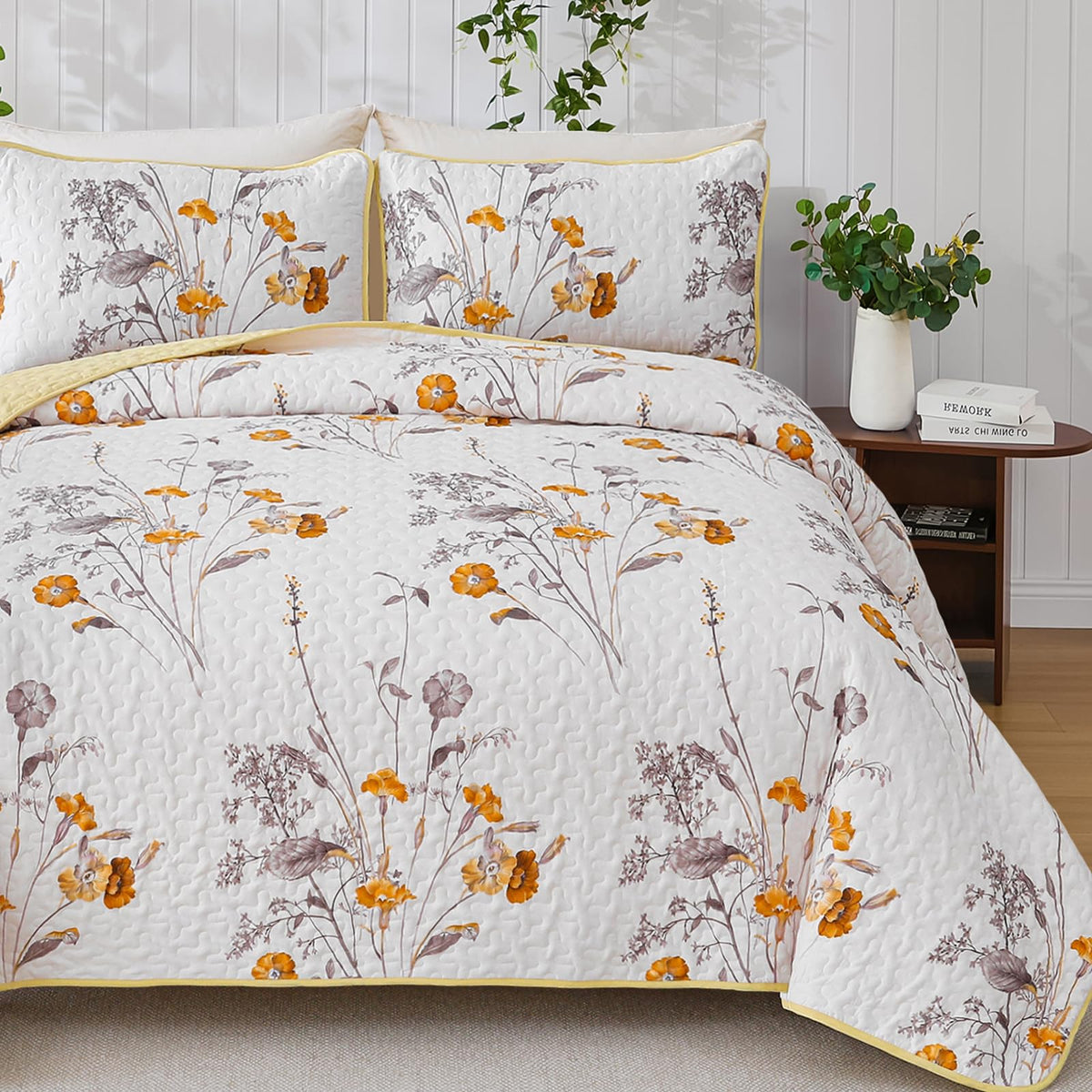 WONGS BEDDING Floral Blue Quilt Set King, 3Pcs Botanical Bedding Set