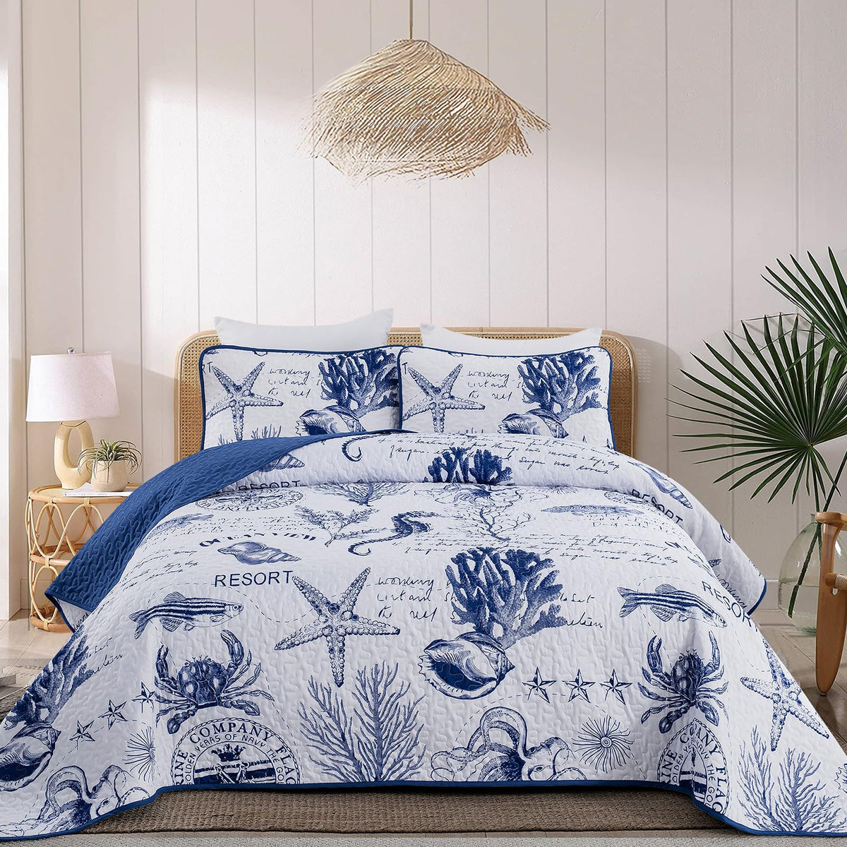 DJY Ocean Coastal Quilt Queen Size, 3 Pcs Sea Turtle Theme Bedspread Set