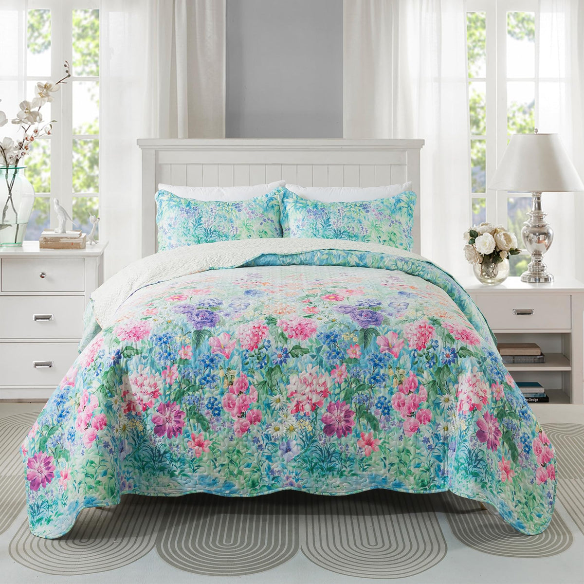 Travan 3-Piece Quilt Set Quilted Bedspread Lightweight Coverlet Set Garden Style Floral Printed Oversized Quilted Bedding Set with Shams for All Season, Exquisite, King Size