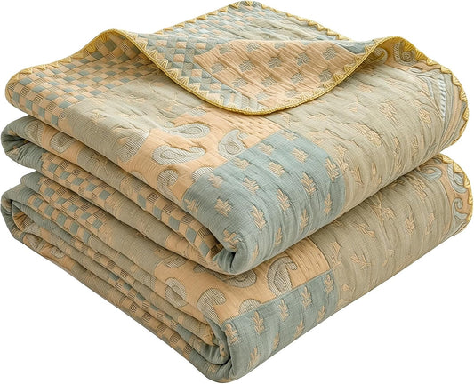 100% Cotton Muslin Blanket Twin Size 4-Layer Gauze Quilted Lightweight Breathable Cooling Bed Blanket for Adults, Soft Summer Bed & Couch Cover All Season (Yellow-Gray, Twin 60 * 80 in)