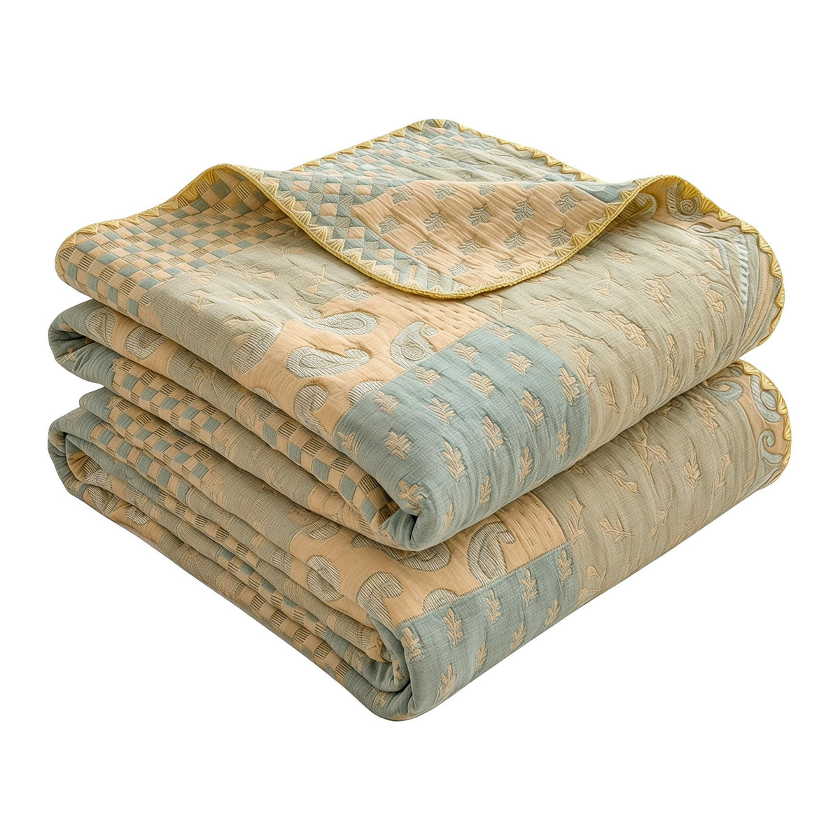 100% Cotton Muslin Blanket Twin Size 4-Layer Gauze Quilted Lightweight Breathable Cooling Bed Blanket for Adults, Soft Summer Bed & Couch Cover All Season (Yellow-Gray, Twin 60 * 80 in)