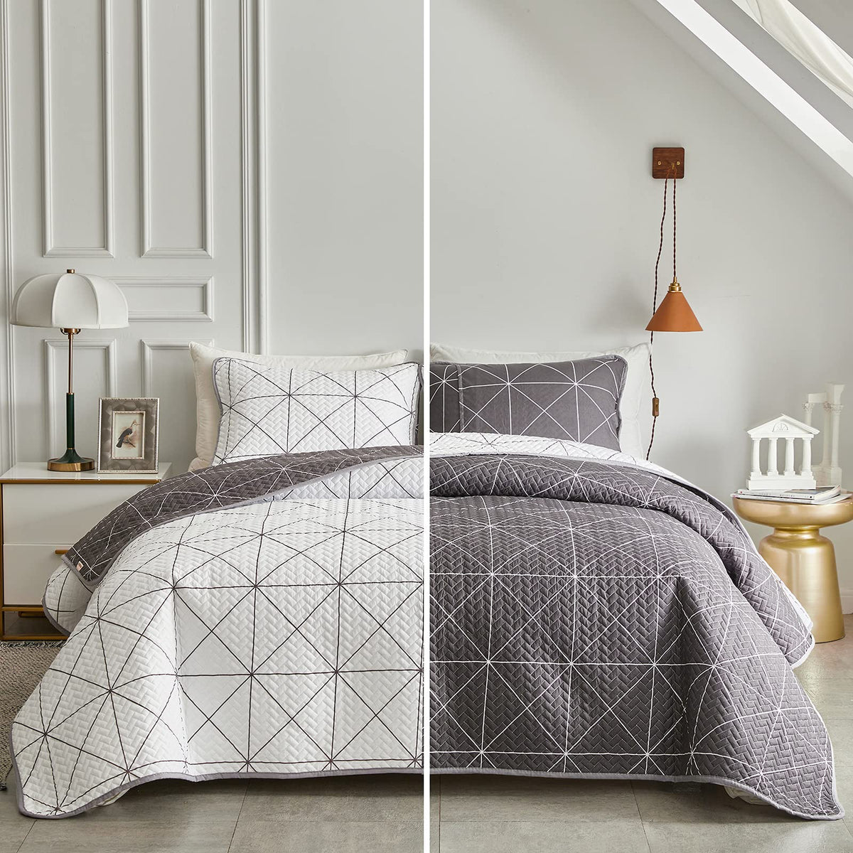 3 Piece Reversible Quilt Set Gray Branch with White Orange Floral King Size 102x88 Soft Microfiber Lightweight Coverlet Bedspread Summer Comforter Set Bed Cover for All Season (1 Quilt+ 2 Shams)