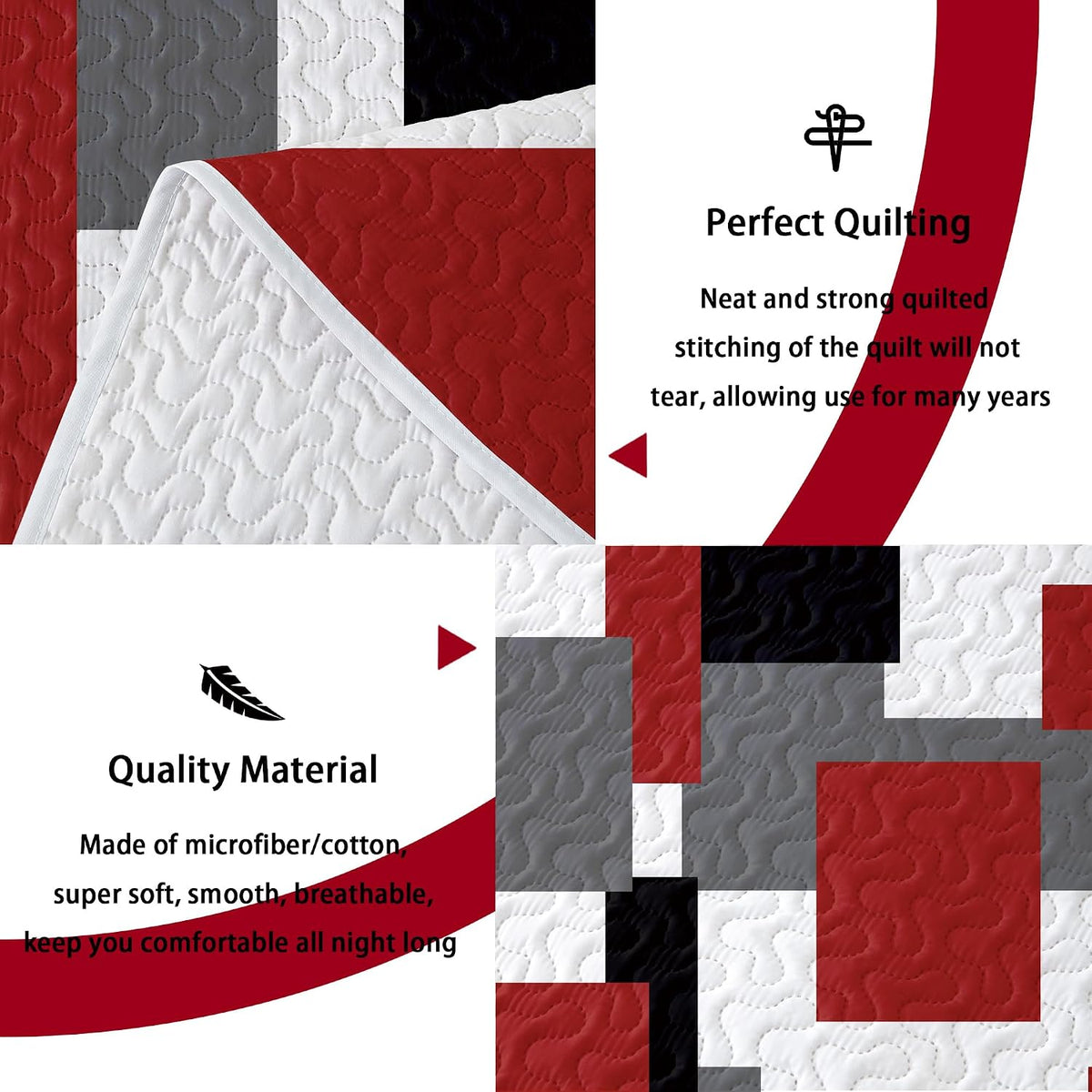 Tyrot 3 Piece Red Black Grey Quilts King Size Red White Gray Bedding Set