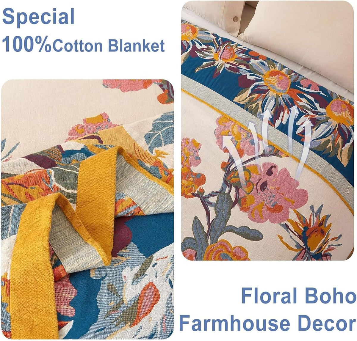 Boho Throw Blanket, 100% Cotton Lightweight Throws for Couch 50"x60"