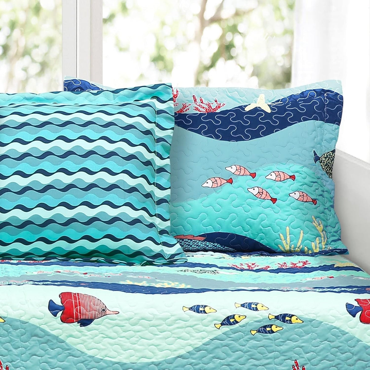 Lush Decor Sealife Daybed Cover 6 Piece Set 39" W x 75" L Blue - Daybed Bedding Set Twin Quilt Blue - Toddler Bedding - Coastal Decor