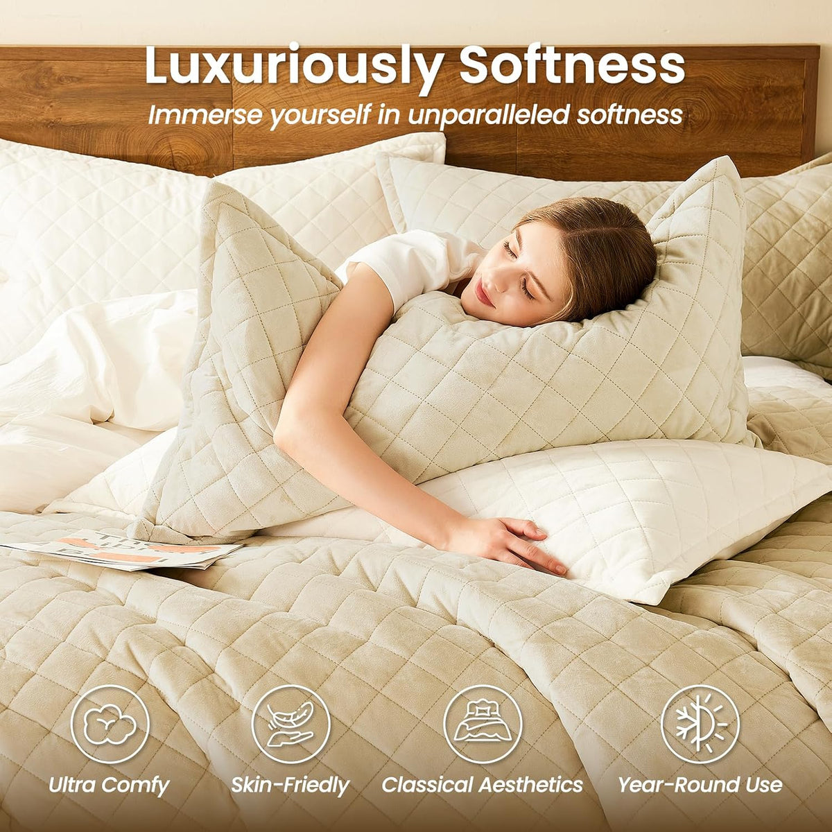L'AGRATY Velvet Quilt King Size: 3-Piece Reversible Luxury Velvet Bedding Comforter Set - Lightweight Oversized Quilted Bedspread Coverlet with 2 Pillow Sham for All Season - Light Linen Quilt
