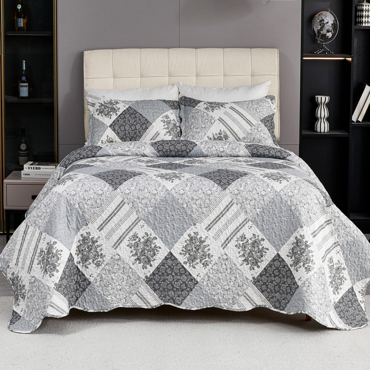 Cmfshape Summer Floral Queen Quilted Bedspread,Romantic Green Quilt Set,Reversible Stitched Bedding Cover All Season,Soft Lightweight Coverlet with Pillow Cases (Green&White, Queen90 x90)