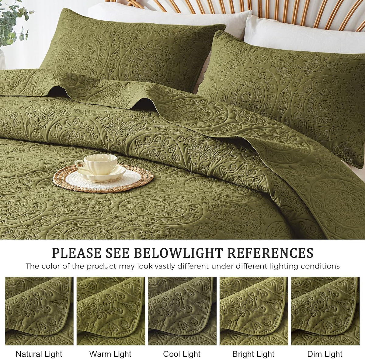 WURUIBO Olive Green Quilt Set King/Cal King Size, Embossing Microfiber Bedspreads with Pillow Sham, Ligthweight Breathable Thin Coverlet, Reversible Bedding Set for All Season (1 Quilt,2 Pillow Shams)
