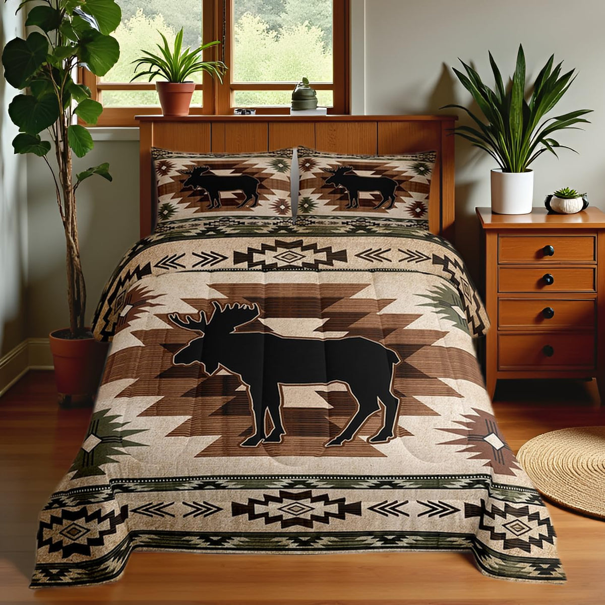 Homewish Jungle Cabin Comforter Set,Moose Animal Pine Trees Bedding Sets for Kids Teens Adults,Retro Wooden Stripes Rustic Farmhouse Quilted Comforter with 2 Pillowcases Queen Size 3 Pcs
