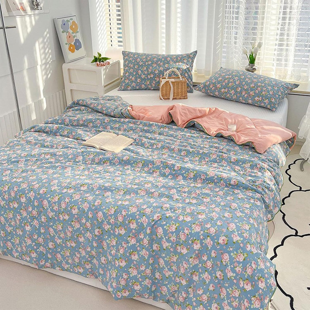 Floral Print Cooling Comforter for Hot Sleepers 78.74 × 59.06inch Lightweight Throw Blanket, Breathable Summer Quilt, Cold Touch Fabric Absorbs Body Heat for Night Sweats Sleeping (I)