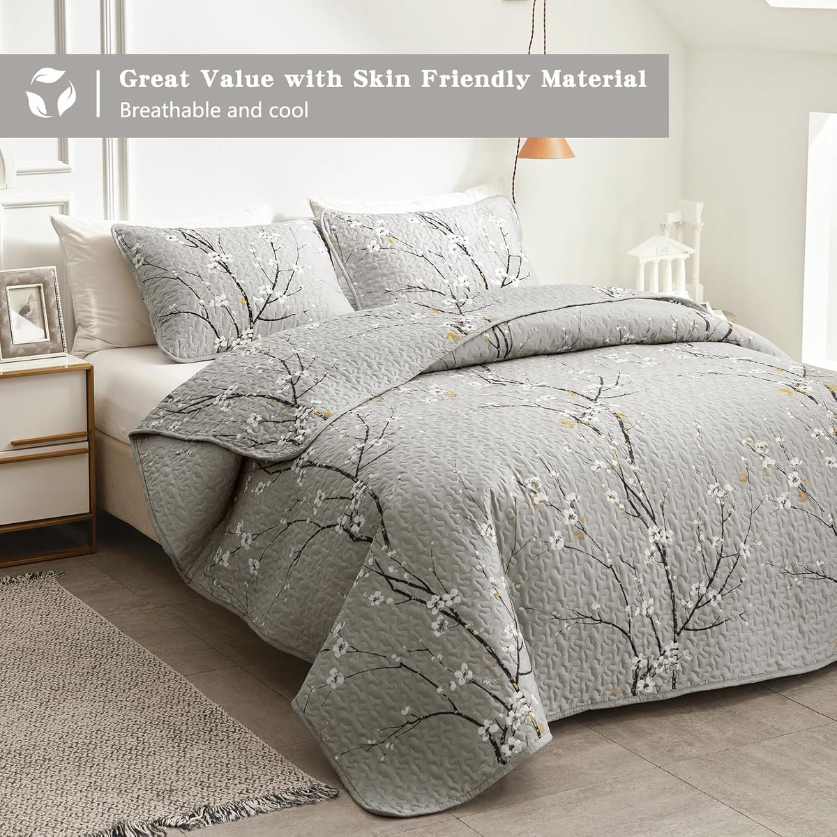 3 Piece Reversible Quilt Set Gray Branch with White Orange Floral King Size 102x88 Soft Microfiber Lightweight Coverlet Bedspread Summer Comforter Set Bed Cover for All Season (1 Quilt+ 2 Shams)