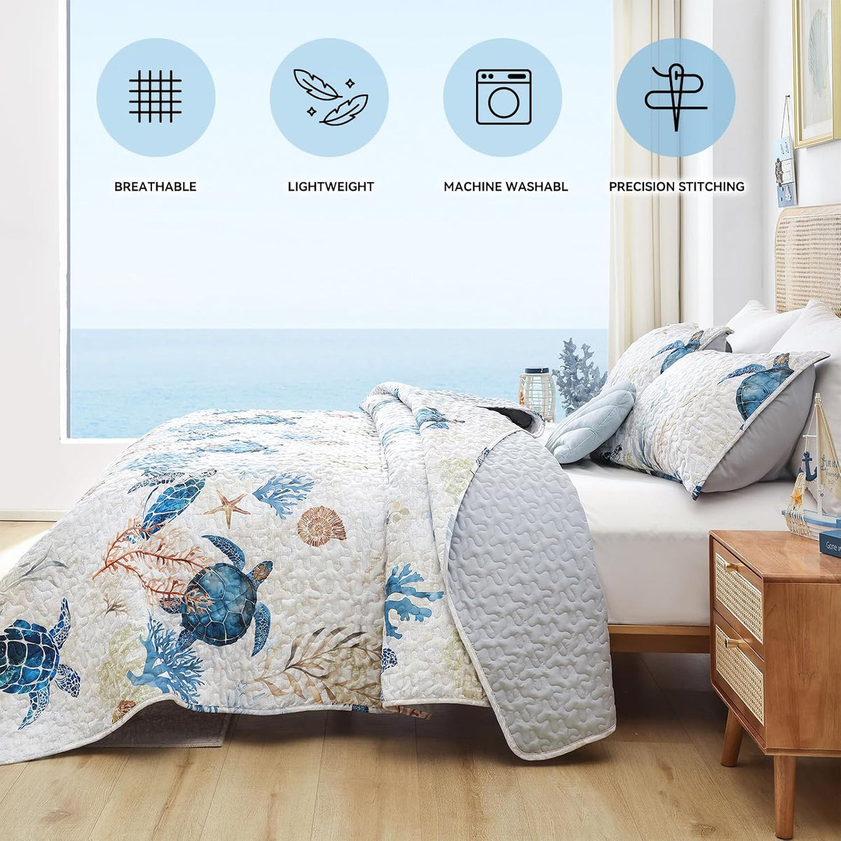 weigelia Coastal Quilt Twin Size, Sea Turtle Lightweight Summer Bedding
