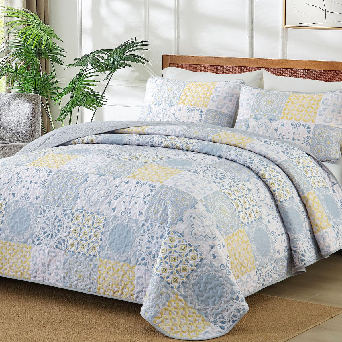 Dobuyly Queen Quilt Set Aqua Blue Patchwork Bedspread 3 Piece