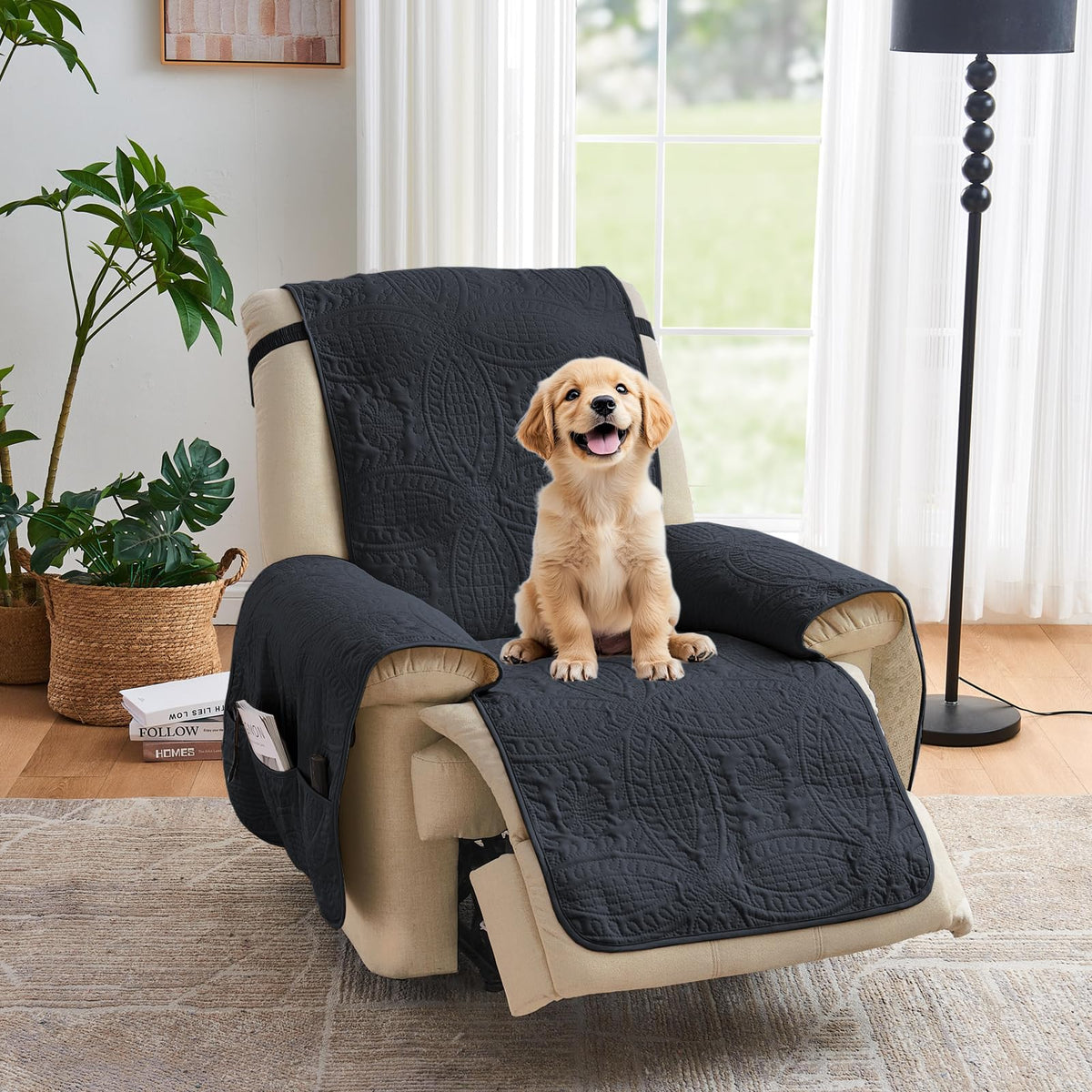 Soft Quilted Couch Cover with Pockets for Extra-Large Sofa, Anti-Slip Sofa Covers Washable for 3 Cushion Pet Friendly Medallion Oversized Sofa Cover Water-Repellent (X-Large Sofa 78", Ivory White)
