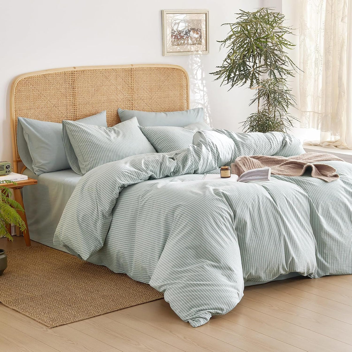 Wake In Cloud Striped Cotton Duvet Cover Set, Greyish Blue, Full