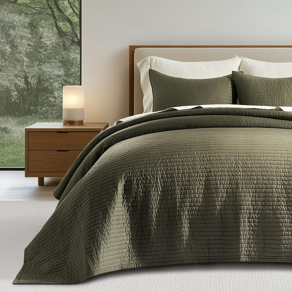 EVERGRACEHOME Cotton Sateen Quilt Set, King Size, Olive Green