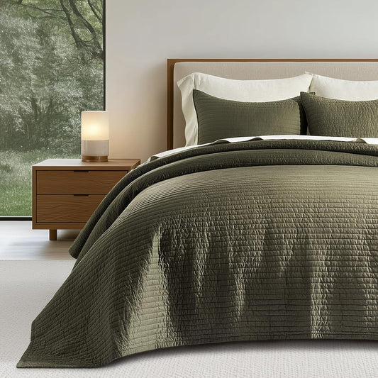 EVERGRACEHOME Cotton Sateen Quilt Set, King Size, Olive Green